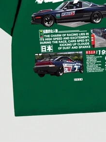 ROMWE MEN Street Life Men Retro JDM Car Printed Short Sleeve T-Shirt - Dark Green - View 5