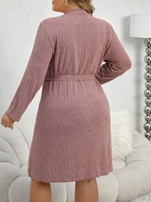 Bata Acanalada De Talla Grande Para Mujer Con Doble Bolsillo Y Cinturón