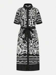 SHEIN Clasi Ladies' All-Over Printed Shirt Dress Maxi Women Outfit - Black - View 3