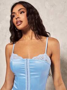 SHEIN BAE Lãng mạn Ngày lễ tình nhân Ngày Dây đeo Mì Ý  Vá lại Ren Xanh Bustier A-line Ngắn Thanh lịch Lady Đầm - Màu xanh nhạt - Xem 4