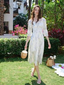 Women's Floral Print Frill Trim Front Tie Midi Dress - Blue - View 7