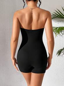 SHEIN PETITE Quý cô Màu thuần Quây Romper - màu đen - Xem 2