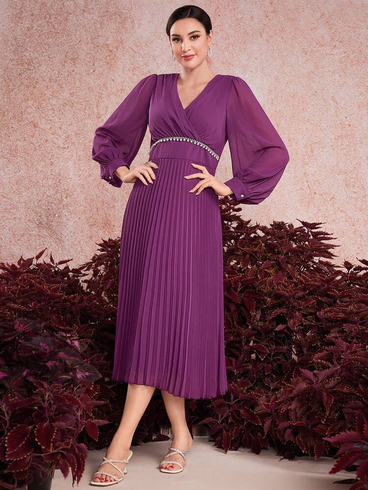 Women's Wrap Neckline Long Sleeve Pleated Hem Dress Long Evening Dresses