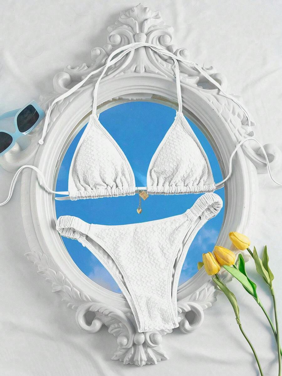 SHEIN Swim Bộ Bikini Hai Dây Tam Giác Màu Trơn Đi Biển Mùa Hè Bộ Bikini Quần Bikini - trắng - Xem 1