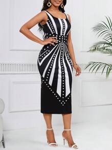 SHEIN Lady 無袖 U 領長連身裙 - 黑與白 - 查看 4