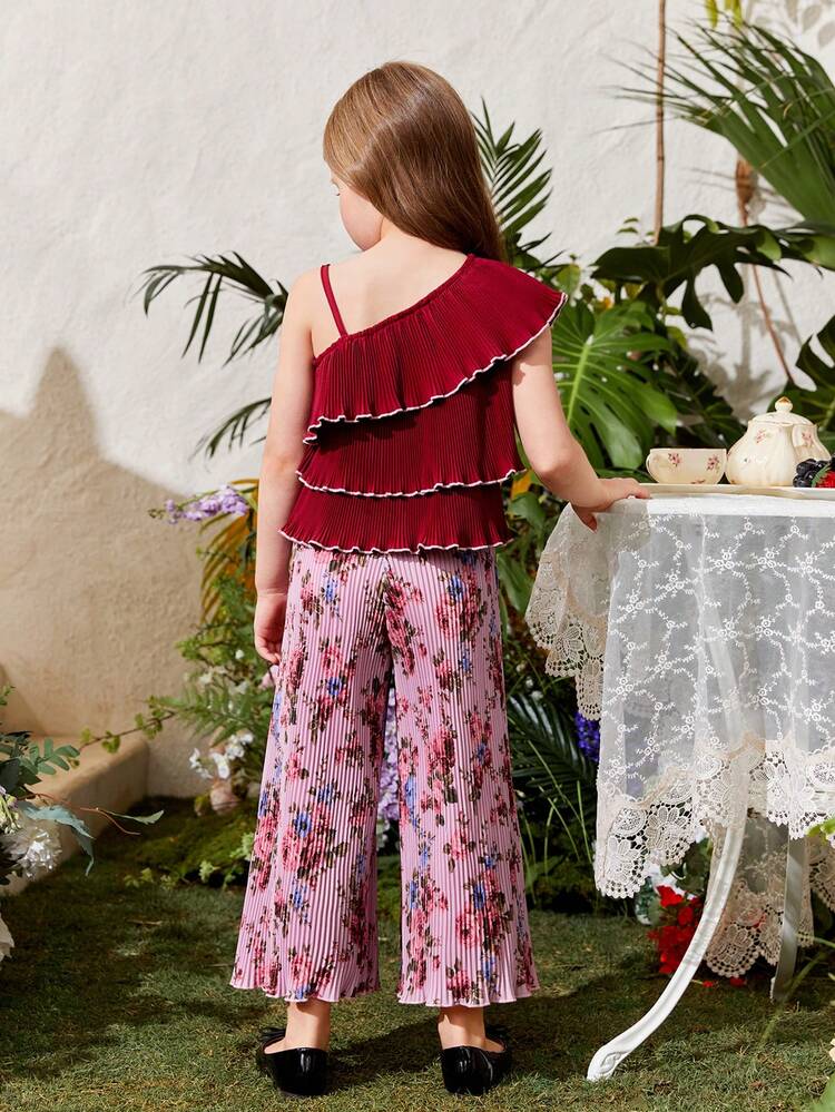 2pcs/Set Young Girl Asymmetrical Shoulder Top & Wide Leg Pants With Frill Hem, Perfect For Daily Wear, Festivals & Vacation, Summer