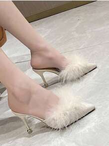 Zuecos de tacón alto para mujer, sandalias de tacón puntiagudo esponjosas y dulces de slip-on para vestidos blancos de otoño e invierno