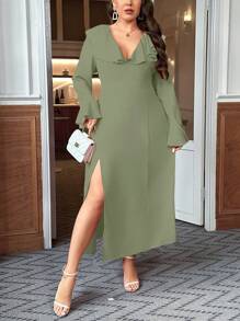 SHEIN Clasi Plus Size V-Neck Ruffle Trimmed High Slit Dress - Green - View 1