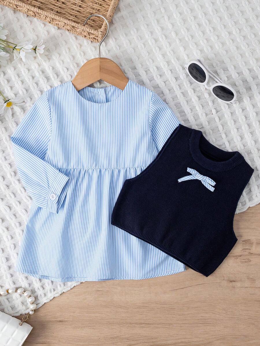 SHEIN Baby Girl Striped Shirt With Bow Decorated Sweater Vest Set - Blue - View 1