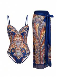 SHEIN Swim Oasis 佩斯利印花連身泳衣+打結泳裙 音樂節 - 彩色 - 查看 1