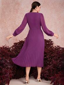 Modelyn Robe longue de soirée pour femmes avec col drapé, manches longues et ourlet plissé - Fushia - Voir 2