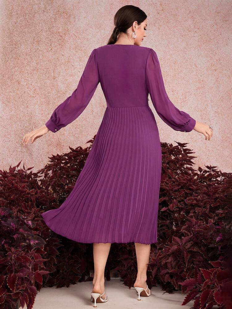Women's Wrap Neckline Long Sleeve Pleated Hem Dress Long Evening Dresses