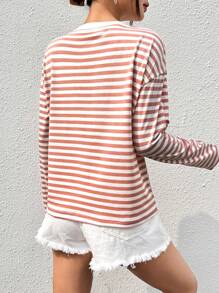 SHEIN EZwear Sọc Thả vai Đan Áo thun - Hồng - Xem 2