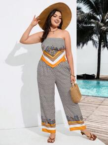SHEIN VCAY Plus Size Summer Vacation Bandana Print Strapless Top And Long Pants Beach Two Piece Set - Multicolor - View 4