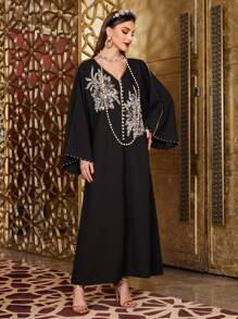 Layrah 女士 3d 花卉装饰长袖 Jalabiya 连衣裙，优雅奢华晚会风格 - 黑色 - 查看 4