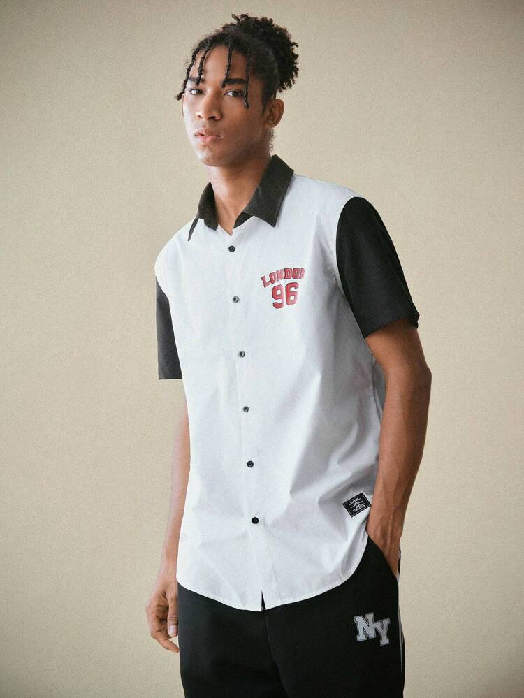 Men'S Woven Shirt With Digital Printed Numbers And Color Block,Back To School