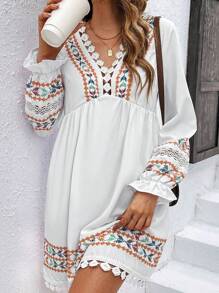 Chiquease Hình học In Cổ chữ V Tay áo dài Đầm - Nhiều màu - Xem 1