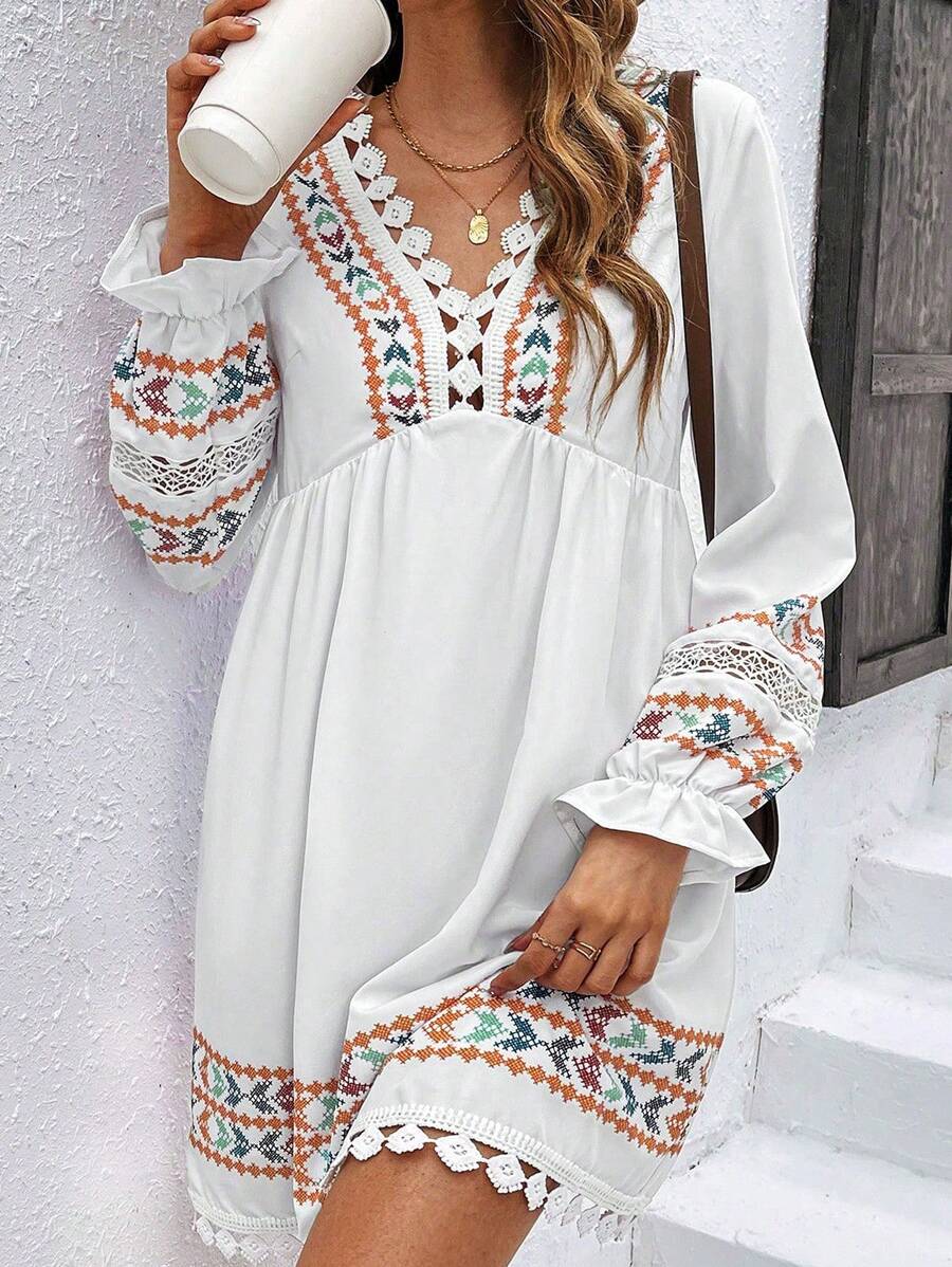 Chiquease Hình học In Cổ chữ V Tay áo dài Đầm - Nhiều màu - Xem 1