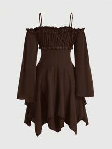 ROMWE Fairycore Women Fashion Solid Color Long Sleeve Camisole Dress - Brown - View 2