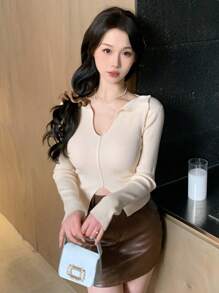 DAZY 女式纯色针织开叉毛衣，罗纹设计，秋季服装 - 杏色 - 查看 5
