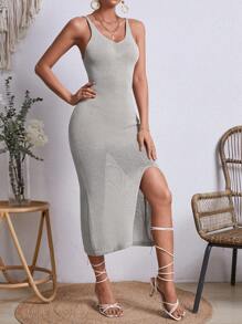 Breezaya Women's Sleeveless Sweater Dress With Side Split Hem - Apricot - View 3
