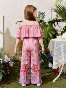 SHEIN Mono Con Estampado De Flores Para Niña Pequeña Con Tirantes Finos - Rosa - Ver 2