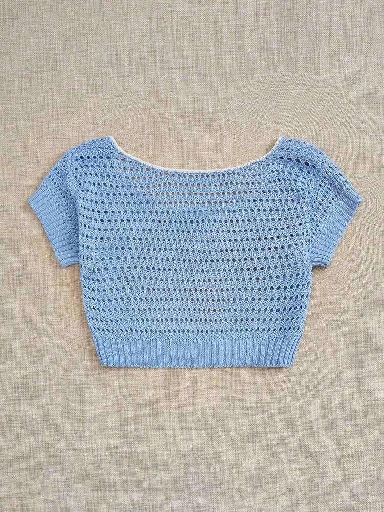 Ladies' Contrast Color Round Neck Hollow Out Knit Sweater