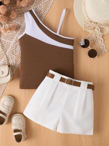 SHEIN Young Girls' 2pcs Color Block Top With Solid Color Suit Shorts And Belt Summer Holiday - Brown - View 5