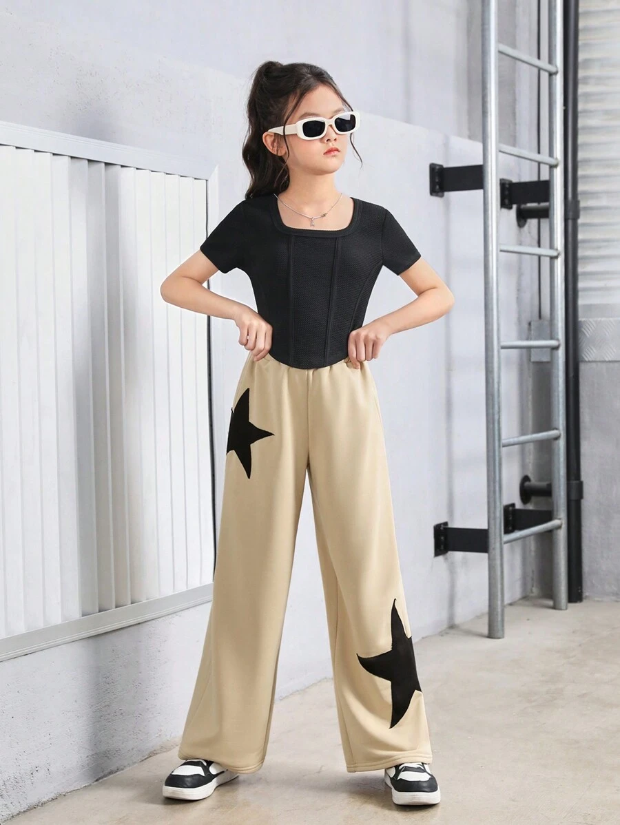Cô gái Tween Dệt kim Màu thuần Cổ vuông Ngắn tay Áo Và Dệt kim Quần thể thao Bộ , Thể thao Phong cách đường phố - Màu be - Xem 1