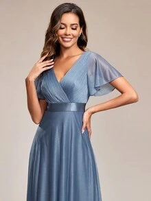 Vestido de fiesta elegante con lentejuelas, cuello en V brillante con mangas con volantes, vestido de dama de honor azul claro, vestido de noche formal/cóctel semiformal para boda de primavera - Neblina azul - Ver 7