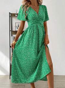 SHEIN Clasi Ladies' V-Neck Plant Printed Dress With Ruffle Sleeves And Side Slit - Green - View 5