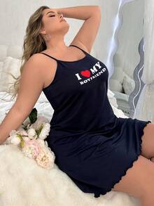 SHEIN LUNE Plus Size Cami Dress With Slogan & Heart Print - Blue - View 4
