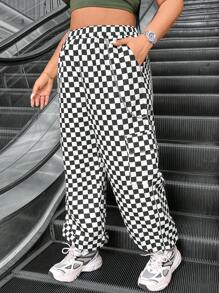 Flirla Women's Plus Size Checkerboard Cargo Pants - Black and White - View 1