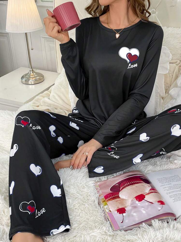 Heart And Letter Print Long Sleeve Pajama Set, Fall Winter Clothes