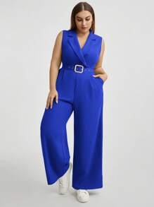 SHEIN Essnce Enterizo De Talla Grande Con Piernas Anchas De Color Sólido - azul real - Ver 1