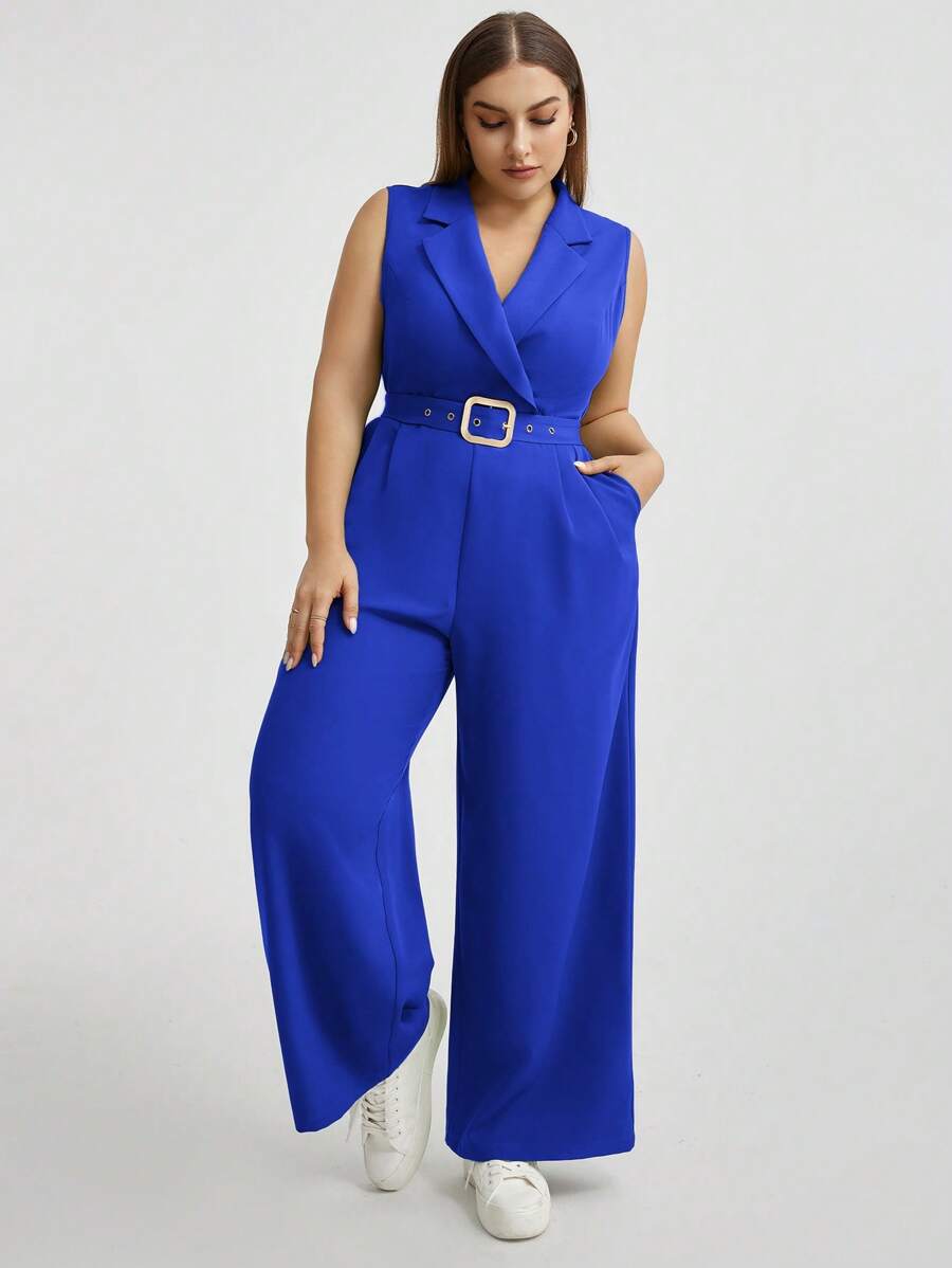 SHEIN Essnce Enterizo De Talla Grande Con Piernas Anchas De Color Sólido - azul real - Ver 1