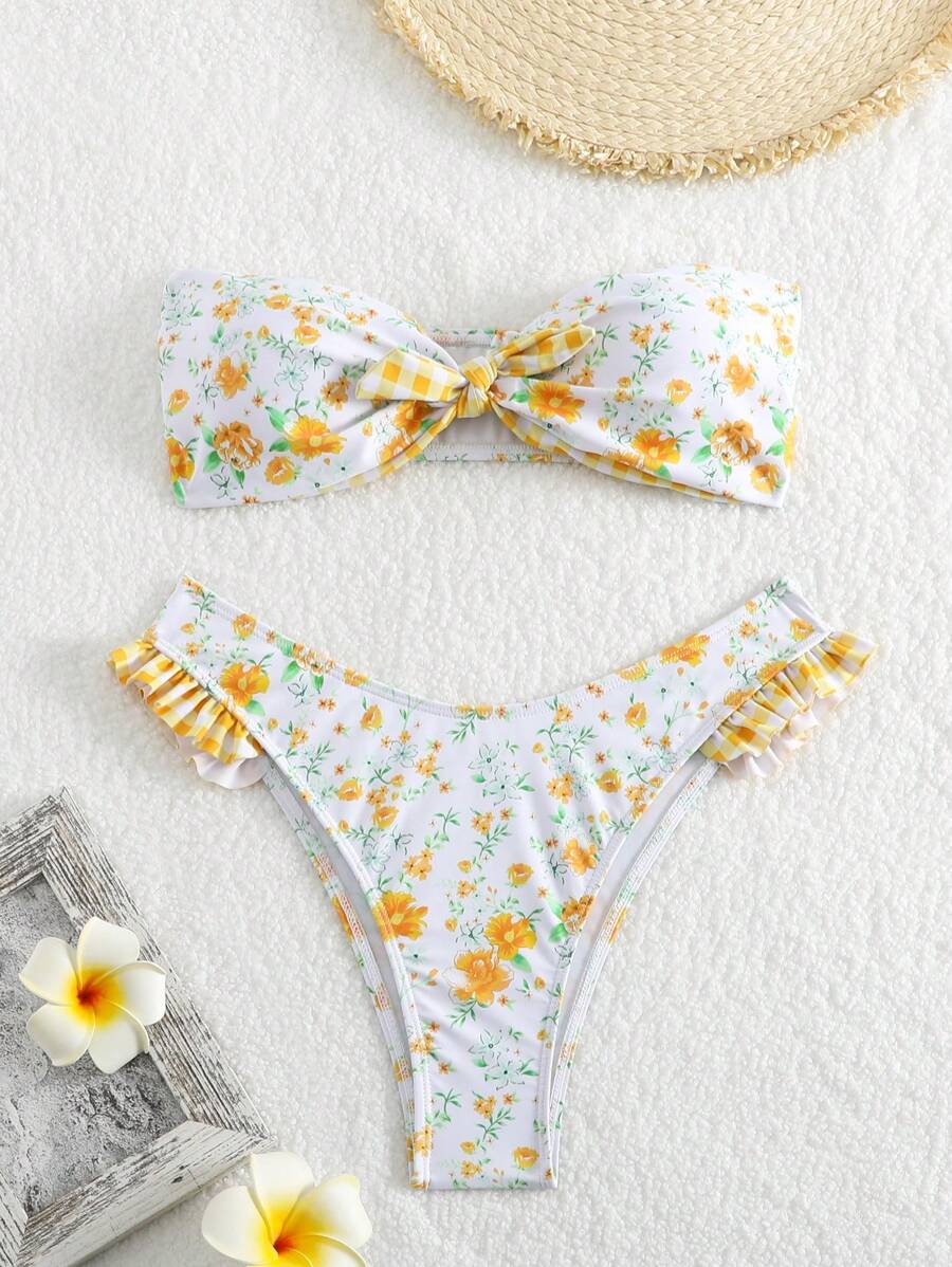 SHEIN Swim Women's Floral Printed Strapless Bikini Set Summer - Multicolor - View 1