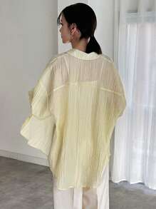 FRIFUL Women's Dropped Shoulder Texture Fabric Shirt With Front Pocket Sheer Long Sleeve Top - Beige - View 2