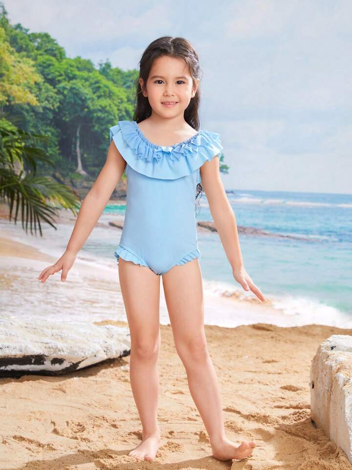 Sofia Ruffle One-piece (Blue)★韓国人気★[Grace U] Royal Blue Floral Girls Textured One Shoulder One Piece 2-10
