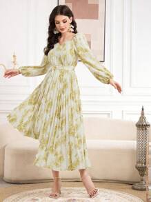 Modelyn Vestido largo de noche con estampado floral, cuello corazón, mangas farol y bajo asimétrico