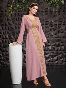 Al Najma V-Neck Belted Dress - Pink - View 4
