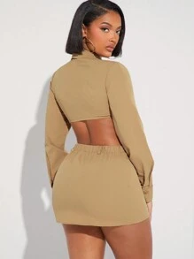 Hauture Tie Neck Crop Shirt & Mini Skirt Two Pieces Set - Khaki - View 3