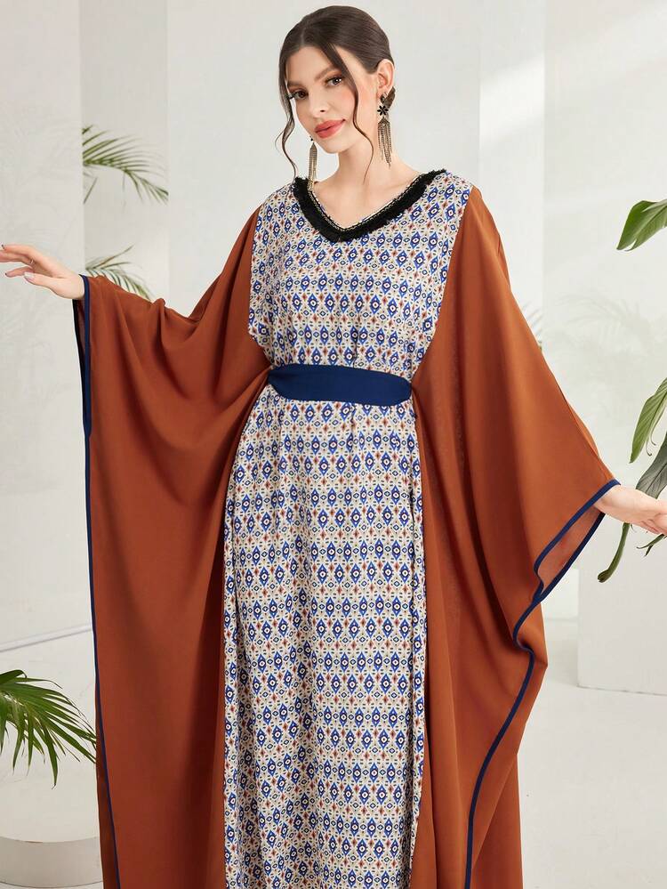 Women's Geometric Printed Kaftan Dress With Batwing Sleeve