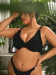 SHEIN Swim Curve Summer Beach Plus Size Solid Color Fashionable Bikini Top With Buckle Design - Black - View 4