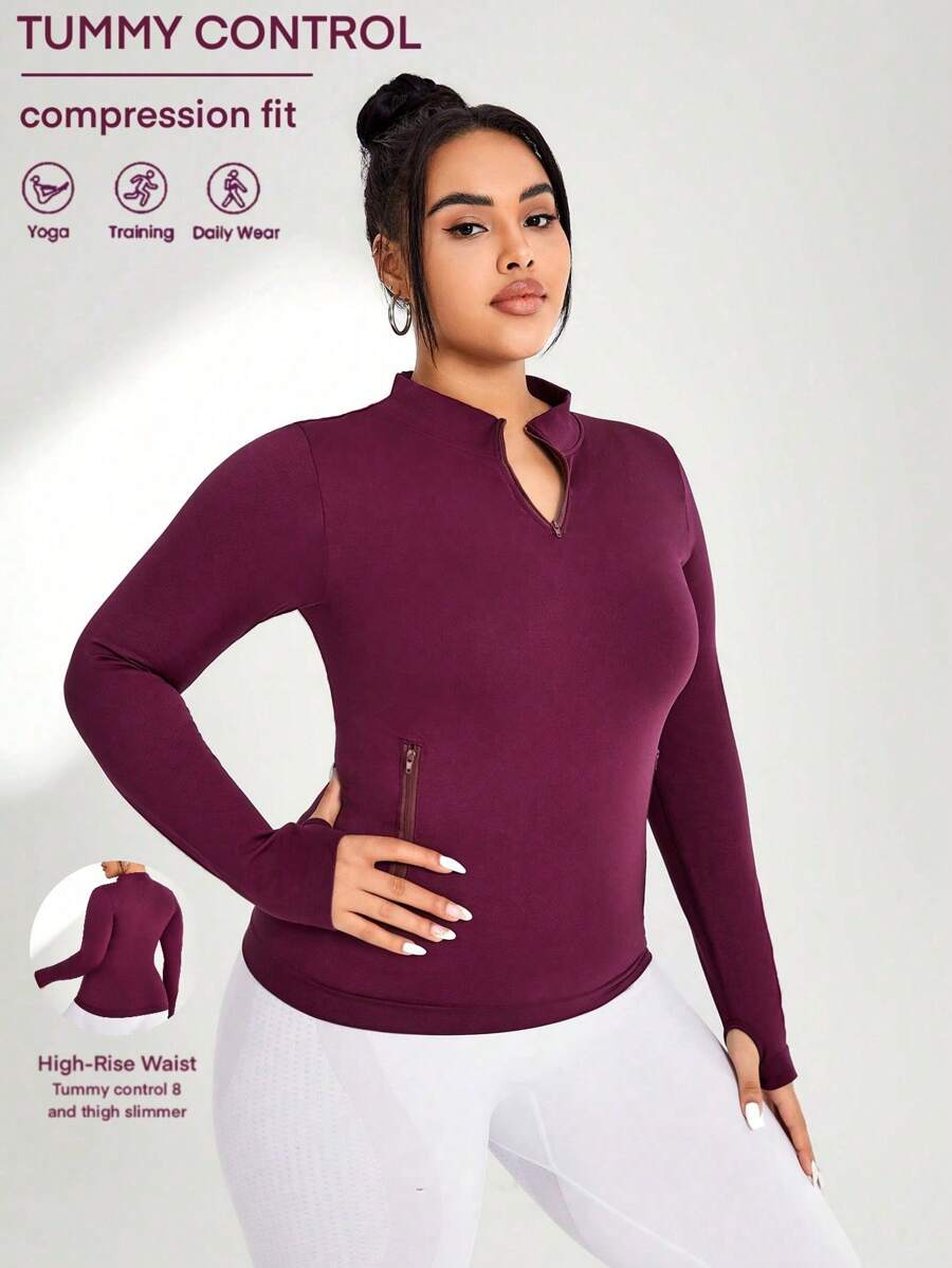 Gameset SHEIN Sport Plus Size Women's Half-Zip Sports Stretchy Sweatshirt - Burgundy - View 1