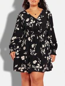 SHEIN CURVE+ Plus Size Women's Floral Printed Lantern Sleeve Dress - Multicolor - View 3