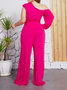 Plus Size Sexy Asymmetrical Neckline Belted Wide Leg Jumpsuit - Hot Pink - View 2
