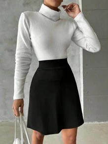 SHEIN PETITE Áo cao cổ Đồ đan Ribbed Áo thun & Váy kèn đồng - màu đen - Xem 4