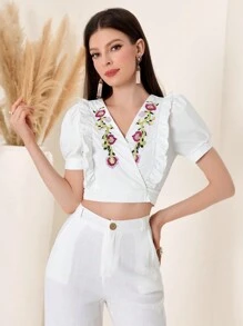 Women's White Short Sleeve V-Neck Embroidered Blouse - White - View 5