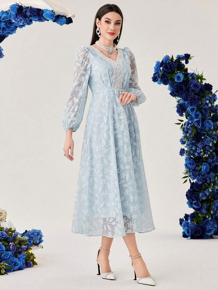 Women's Embroidered Floral Applique V-Neck Lantern Sleeve Dress Without Belt Long Evening Dresses